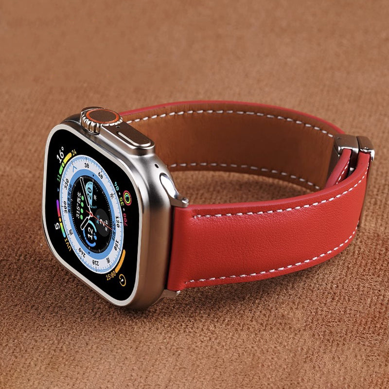 Vintage Leather Magnetic Foldover Buckle Band For Apple Watch