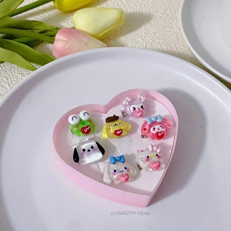 7pcs Pack Kawaii Anime Sanrio Ring With Love Box Hello Kitty Open Bracelet Ring Cartoon My Melody Cinnamoroll Kuromi Girl Ring