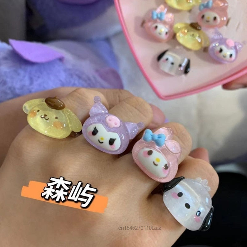7pcs Pack Kawaii Anime Sanrio Ring With Love Box Hello Kitty Open Bracelet Ring Cartoon My Melody Cinnamoroll Kuromi Girl Ring
